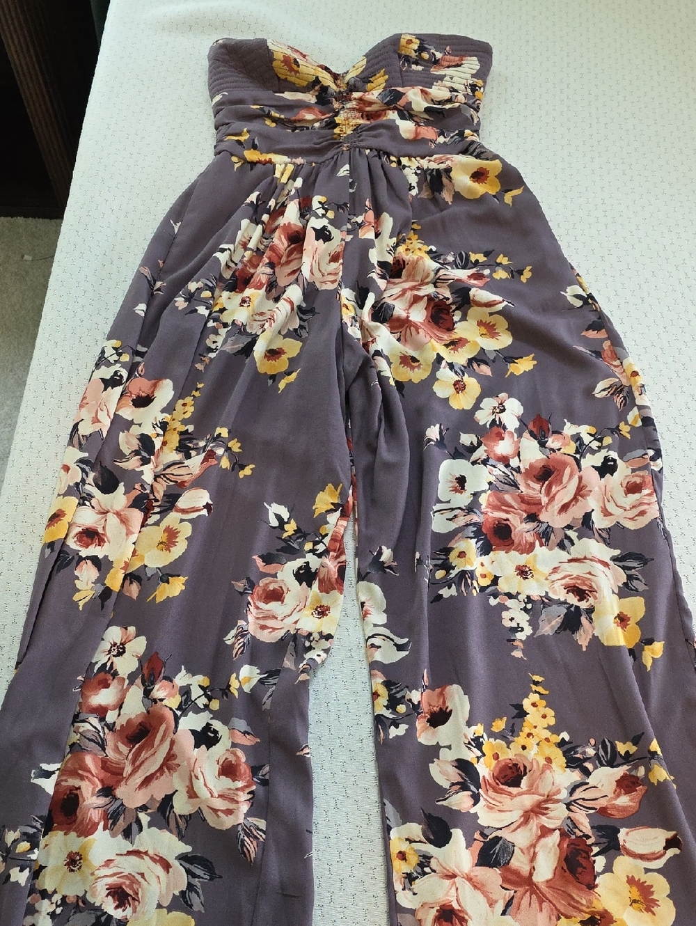 Strapless Floral Wide-Leg Jumpsuit in Mauve